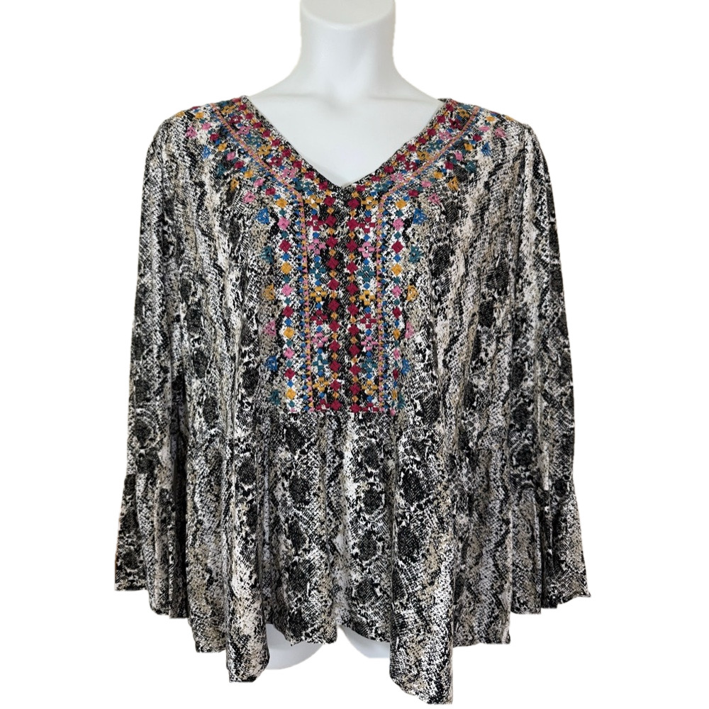 Savanna Jane Snake Print Embroidered Bell Sleeves Tunic Blouse, 0271, 0272